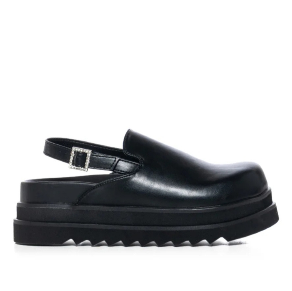 Black Leather Slingback Platform Mule with Rhinestone Buckle